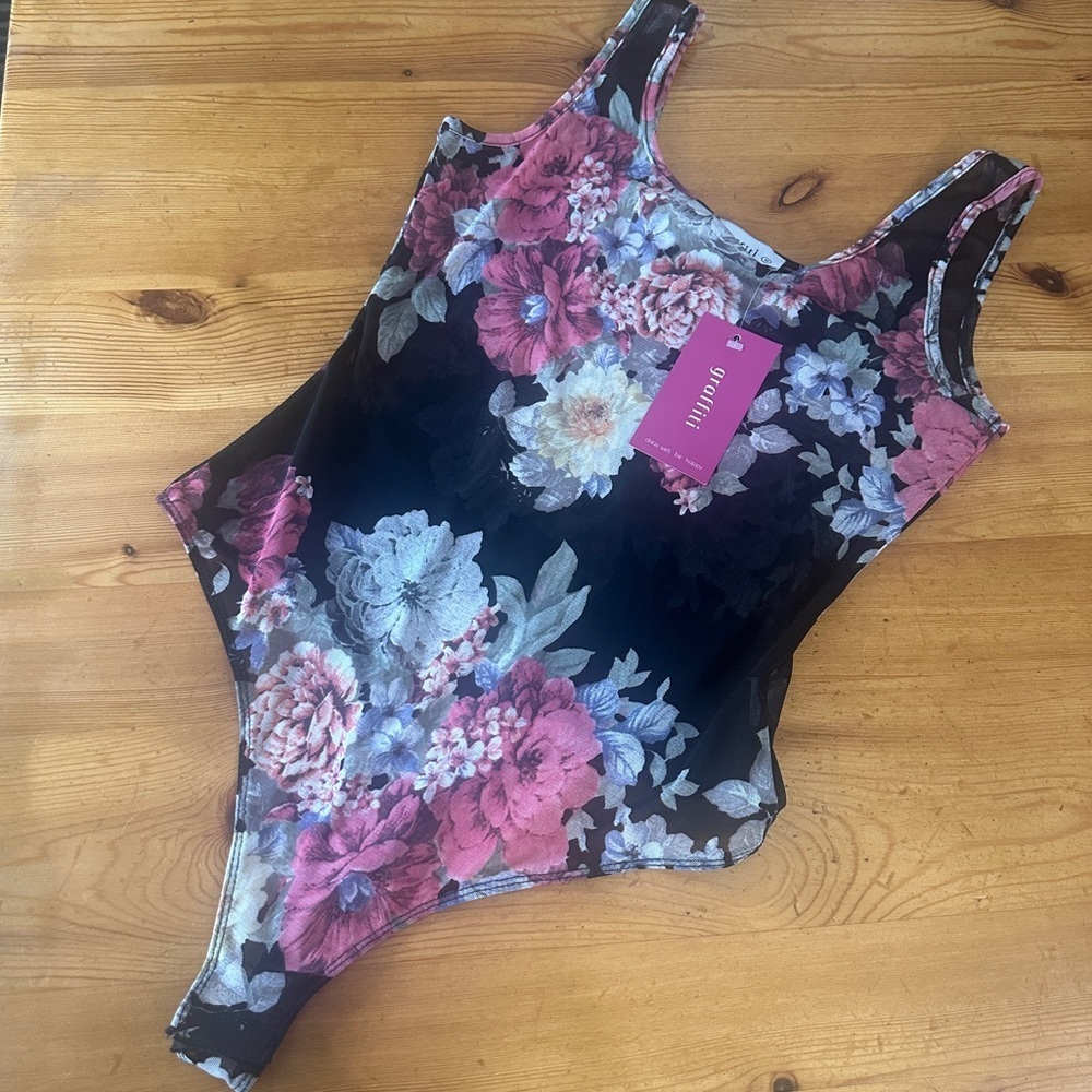 New Graffiti Floral Black Womens M Bodysuit sheer